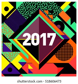 Happy New Year 2017 background. Calendar cover template. Colorful & Modern memphis style background. Greeting card vector illustration.