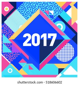 Happy New Year 2017 background. Calendar cover template. Colorful & Modern memphis style background. Greeting card vector illustration.