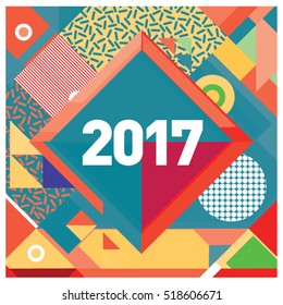 Happy New Year 2017 background. Calendar cover template. Colorful & Modern memphis style background. Greeting card vector illustration.