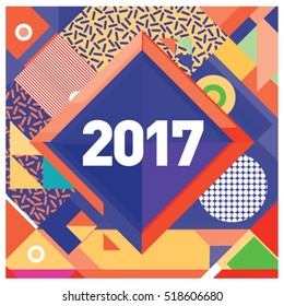 Happy New Year 2017 background. Calendar cover template. Colorful & Modern memphis style background. Greeting card vector illustration.