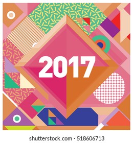 Happy New Year 2017 background. Calendar cover template. Colorful & Modern memphis style background. Greeting card vector illustration.
