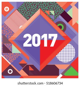 Happy New Year 2017 background. Calendar cover template. Colorful & Modern memphis style background. Greeting card vector illustration.