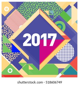 Happy New Year 2017 background. Calendar cover template. Colorful & Modern memphis style background. Greeting card vector illustration.