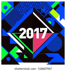 Happy New Year 2017 background. Calendar cover template. Colorful & Modern memphis style background. Greeting card vector illustration.