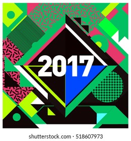 Happy New Year 2017 background. Calendar cover template. Colorful & Modern memphis style background. Greeting card vector illustration.