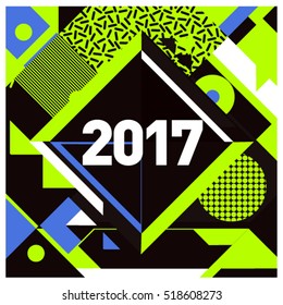 Happy New Year 2017 background. Calendar cover template. Colorful & Modern memphis style background. Greeting card vector illustration.
