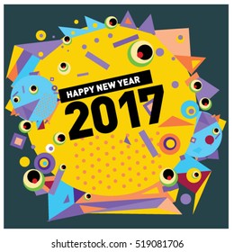 Happy New Year 2017 background. Calendar cover template. Colorful & Modern memphis style background. Greeting card vector illustration.