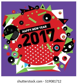 Happy New Year 2017 background. Calendar cover template. Colorful & Modern memphis style background. Greeting card vector illustration.