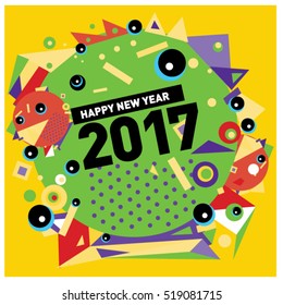 Happy New Year 2017 background. Calendar cover template. Colorful & Modern memphis style background. Greeting card vector illustration.