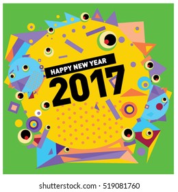 Happy New Year 2017 background. Calendar cover template. Colorful & Modern memphis style background. Greeting card vector illustration.