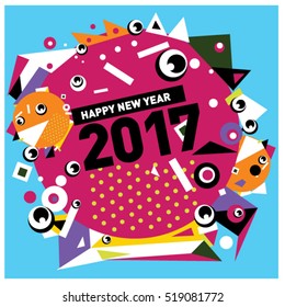 Happy New Year 2017 background. Calendar cover template. Colorful & Modern memphis style background. Greeting card vector illustration.