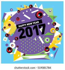 Happy New Year 2017 background. Calendar cover template. Colorful & Modern memphis style background. Greeting card vector illustration.
