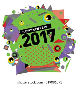 Happy New Year 2017 background. Calendar cover template. Colorful & Modern memphis style background. Greeting card vector illustration.