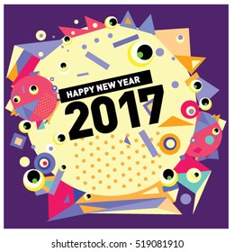 Happy New Year 2017 background. Calendar cover template. Colorful & Modern memphis style background. Greeting card vector illustration.