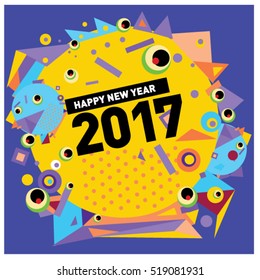 Happy New Year 2017 background. Calendar cover template. Colorful & Modern memphis style background. Greeting card vector illustration.