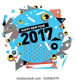 Happy New Year 2017 background. Calendar cover template. Colorful & Modern memphis style background. Greeting card vector illustration.
