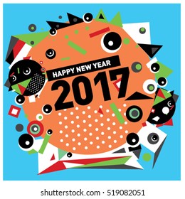 Happy New Year 2017 background. Calendar cover template. Colorful & Modern memphis style background. Greeting card vector illustration.