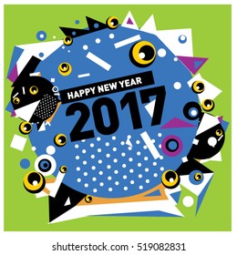 Happy New Year 2017 background. Calendar cover template. Colorful & Modern memphis style background. Greeting card vector illustration.