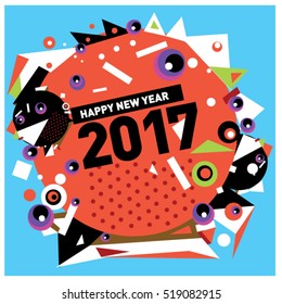 Happy New Year 2017 background. Calendar cover template. Colorful & Modern memphis style background. Greeting card vector illustration.
