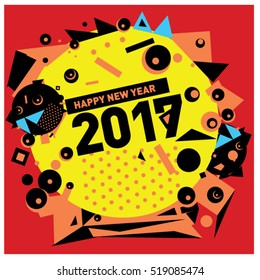 Happy New Year 2017 background. Calendar cover template. Colorful & Modern memphis style background. Greeting card vector illustration.