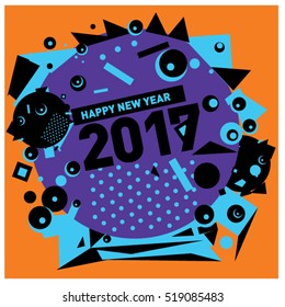 Happy New Year 2017 background. Calendar cover template. Colorful & Modern memphis style background. Greeting card vector illustration.