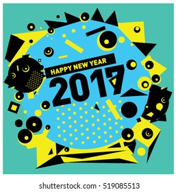 Happy New Year 2017 background. Calendar cover template. Colorful & Modern memphis style background. Greeting card vector illustration.