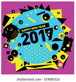 Happy New Year 2017 background. Calendar cover template. Colorful & Modern memphis style background. Greeting card vector illustration.
