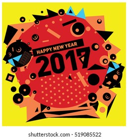 Happy New Year 2017 background. Calendar cover template. Colorful & Modern memphis style background. Greeting card vector illustration.