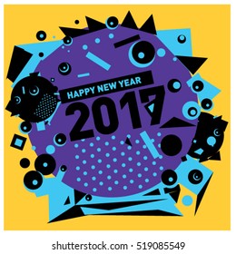 Happy New Year 2017 background. Calendar cover template. Colorful & Modern memphis style background. Greeting card vector illustration.