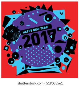 Happy New Year 2017 background. Calendar cover template. Colorful & Modern memphis style background. Greeting card vector illustration.