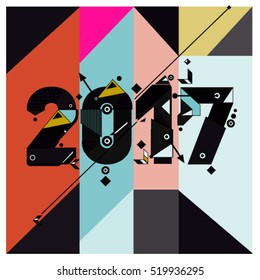 Happy New Year 2017 background. Calendar cover template. Colorful & Modern memphis style background. Greeting card vector illustration.