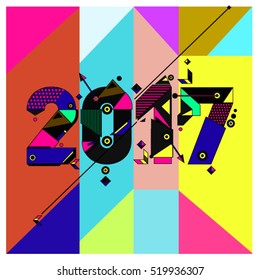 Happy New Year 2017 background. Calendar cover template. Colorful & Modern memphis style background. Greeting card vector illustration.
