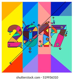 Happy New Year 2017 background. Calendar cover template. Colorful & Modern memphis style background. Greeting card vector illustration.