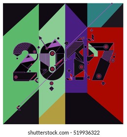 Happy New Year 2017 background. Calendar cover template. Colorful & Modern memphis style background. Greeting card vector illustration.