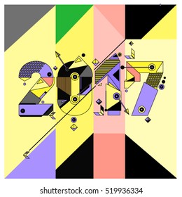 Happy New Year 2017 background. Calendar cover template. Colorful & Modern memphis style background. Greeting card vector illustration.