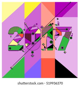 Happy New Year 2017 background. Calendar cover template. Colorful & Modern memphis style background. Greeting card vector illustration.
