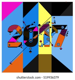 Happy New Year 2017 background. Calendar cover template. Colorful & Modern memphis style background. Greeting card vector illustration.