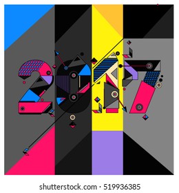 Happy New Year 2017 background. Calendar cover template. Colorful & Modern memphis style background. Greeting card vector illustration.