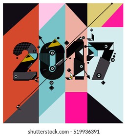 Happy New Year 2017 background. Calendar cover template. Colorful & Modern memphis style background. Greeting card vector illustration.