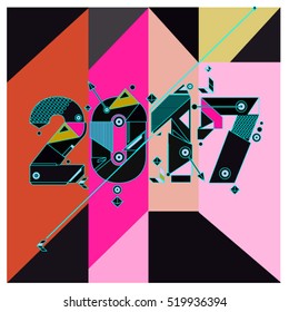 Happy New Year 2017 background. Calendar cover template. Colorful & Modern memphis style background. Greeting card vector illustration.
