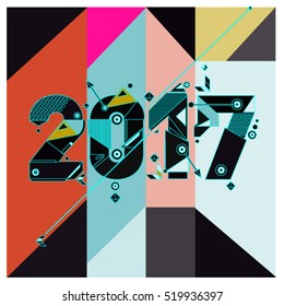 Happy New Year 2017 background. Calendar cover template. Colorful & Modern memphis style background. Greeting card vector illustration.