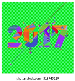 Happy New Year 2017 background. Calendar cover template. Colorful & Modern memphis style background. Greeting card vector illustration.