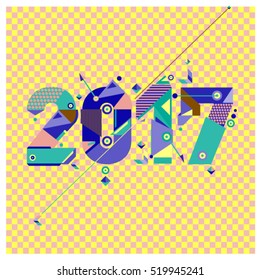 Happy New Year 2017 background. Calendar cover template. Colorful & Modern memphis style background. Greeting card vector illustration.