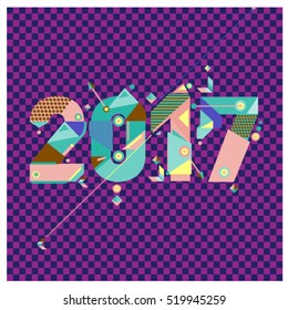 Happy New Year 2017 background. Calendar cover template. Colorful & Modern memphis style background. Greeting card vector illustration.