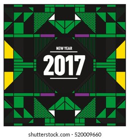 Happy New Year 2017 background. Calendar cover template. Colorful & Modern memphis style background. Greeting card vector illustration.