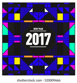 Happy New Year 2017 background. Calendar cover template. Colorful & Modern memphis style background. Greeting card vector illustration.