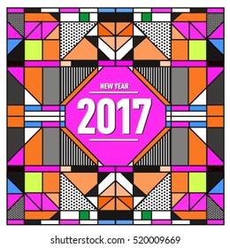 Happy New Year 2017 background. Calendar cover template. Colorful & Modern memphis style background. Greeting card vector illustration.