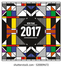 Happy New Year 2017 background. Calendar cover template. Colorful & Modern memphis style background. Greeting card vector illustration.