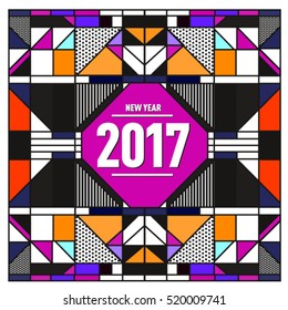 Happy New Year 2017 background. Calendar cover template. Colorful & Modern memphis style background. Greeting card vector illustration.