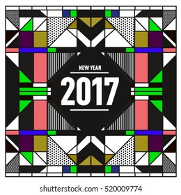 Happy New Year 2017 background. Calendar cover template. Colorful & Modern memphis style background. Greeting card vector illustration.